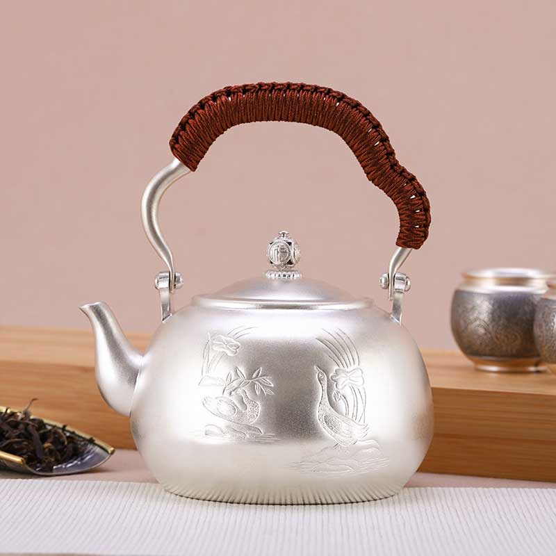 Pure Silver Handmade Teapot with Picture of Spring Water