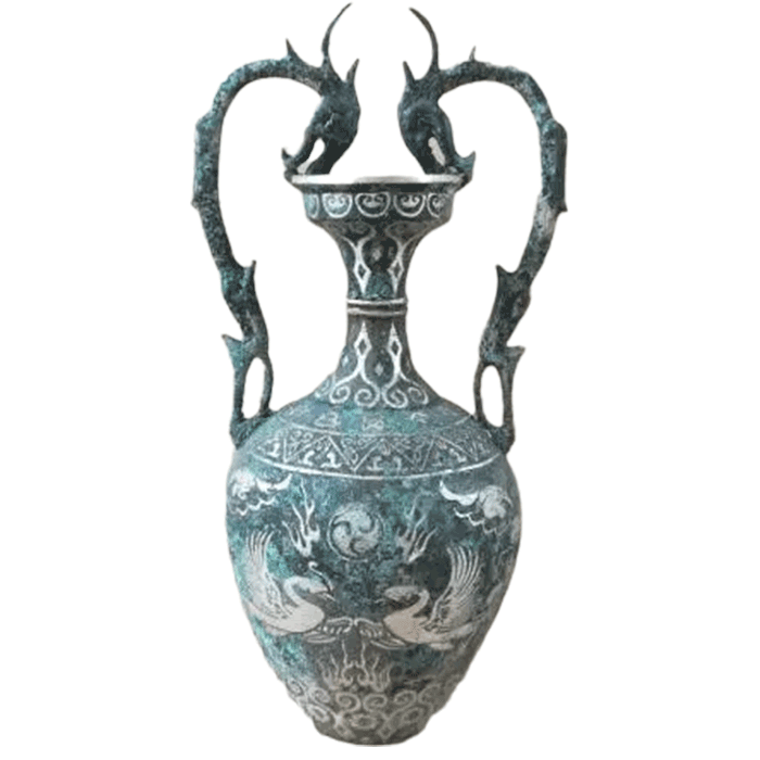 30cm Oriental Style Double Dragon Ear Bronze Vessel