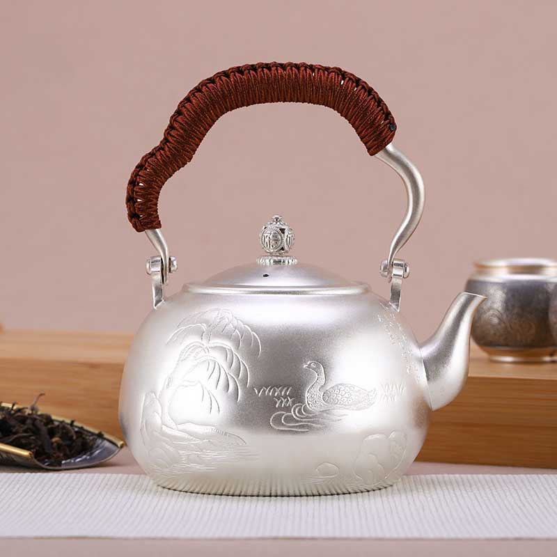 Pure Silver Handmade Teapot with Picture of Spring Water