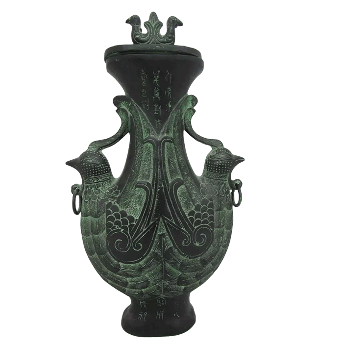 Chinese Bronze Double Phoenix Drinking Vessel Jar