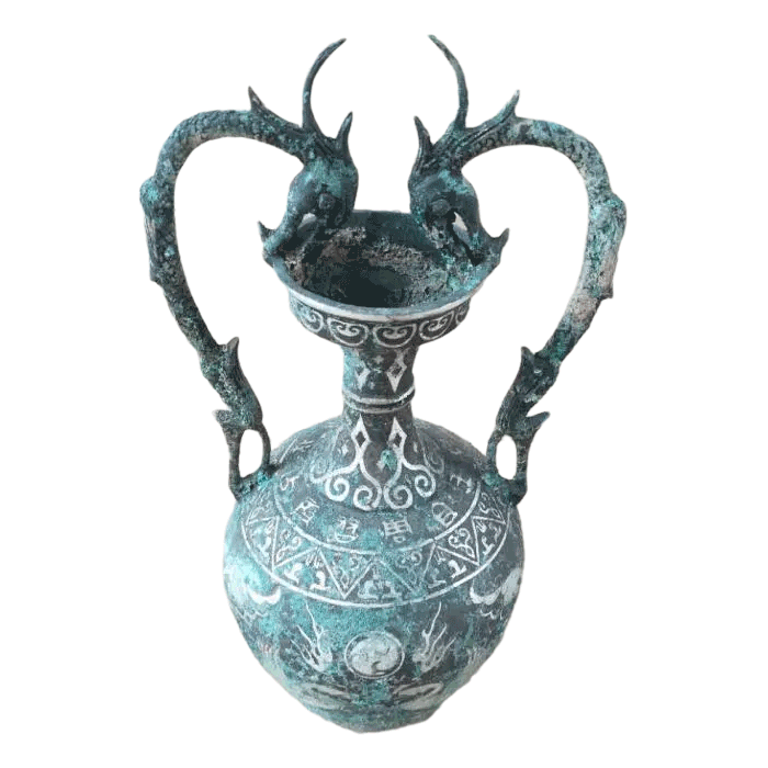 30cm Oriental Style Double Dragon Ear Bronze Vessel