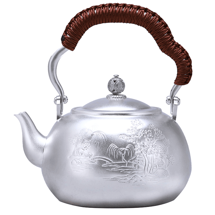 Pure Silver Handmade Teapot with Picture of Spring Water