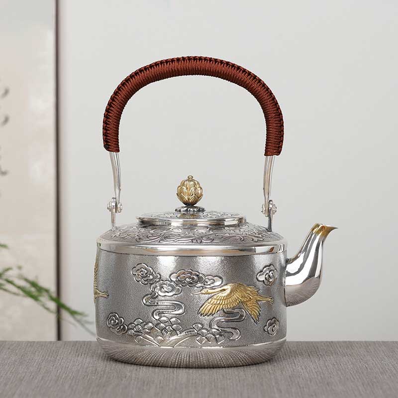 Chinese Style Picture Engraved Silver Pot Household Silver Kettle