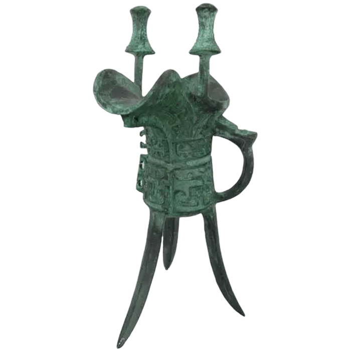 Ancient Chinese Green Bronze Jue Wine Vessel in Warring State and Han Dynasty