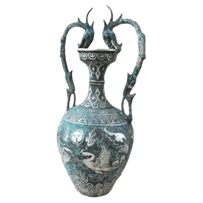 30cm Oriental Style Double Dragon Ear Bronze Vessel