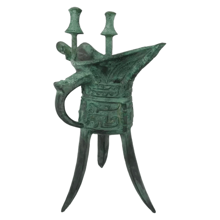 Ancient Chinese Green Bronze Jue Wine Vessel in Warring State and Han Dynasty