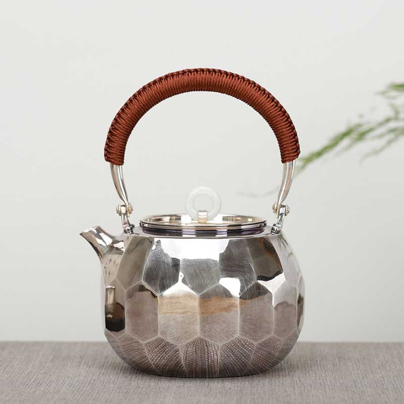 Large Capacity 1L Silver Teapot with Precious Stone Patterns