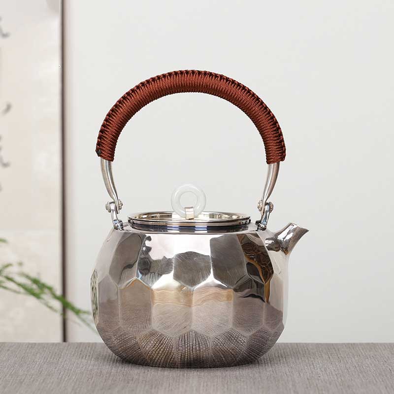 Large Capacity 1L Silver Teapot with Precious Stone Patterns