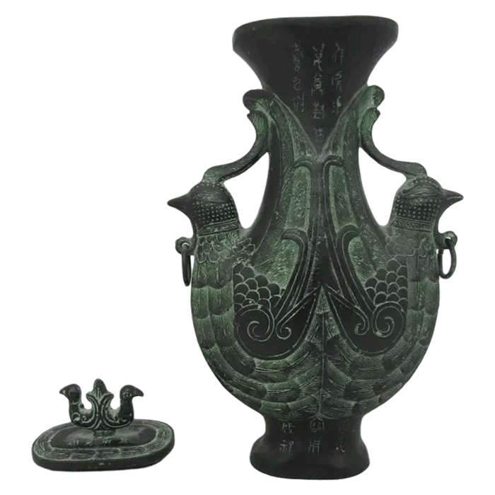 Chinese Bronze Double Phoenix Drinking Vessel Jar