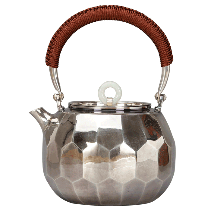 Large Capacity 1L Silver Teapot with Precious Stone Patterns